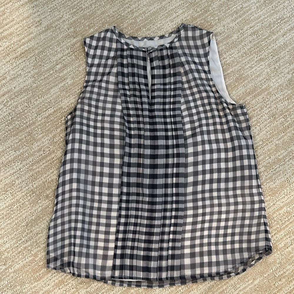 JCrew sleeveless silk blouse in black & white check; pleated front
